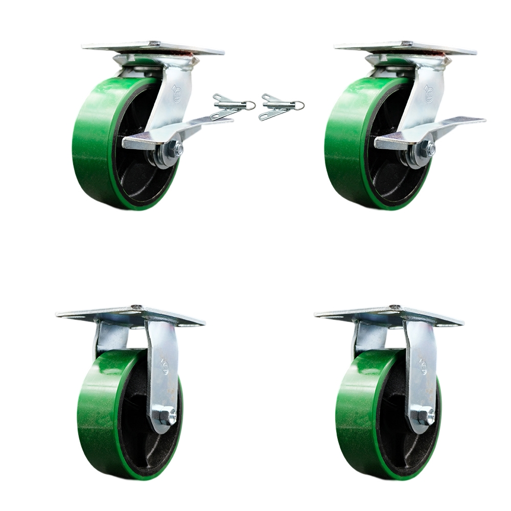 Heavy Duty Large Top Plate Polyurethane on Cast Iron Swivel Caster Set of 4 w/6" x 2" Green Wheels - Includes 2 Swivel with Brakes and Bolt on Swvl Lcks&2 Rigid-4800lbs Total Cpty-Service Caster Brand — photo 1