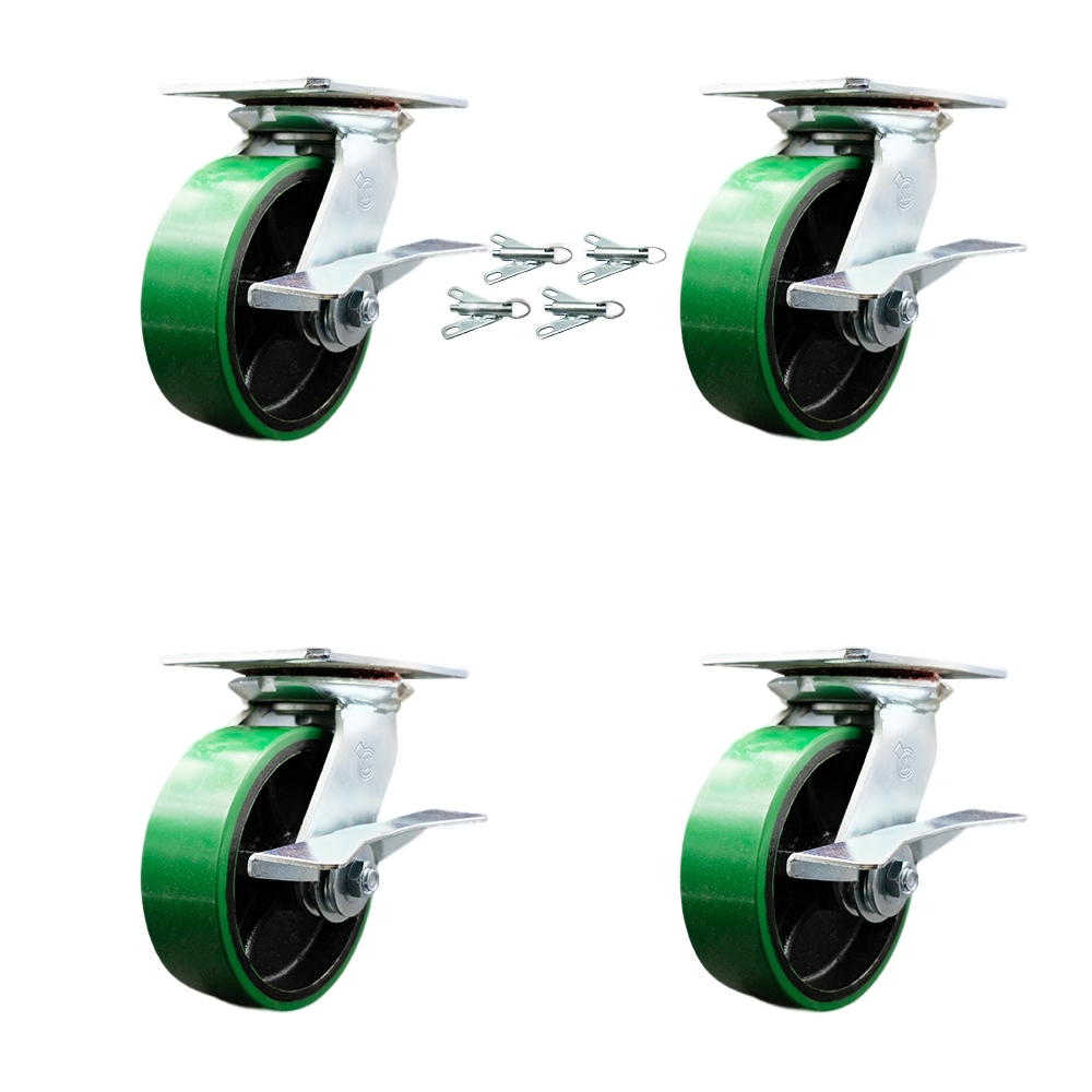 Heavy Duty Large Top Plate Polyurethane on Cast Iron Swivel Caster Set of 4 w/6" x 2" Green Wheels - Includes 4 Swivel w/Side Lck Brakes&Bolt on Swvl Lcks-4800lbs Total Capacity - Service Caster Brand — photo 1
