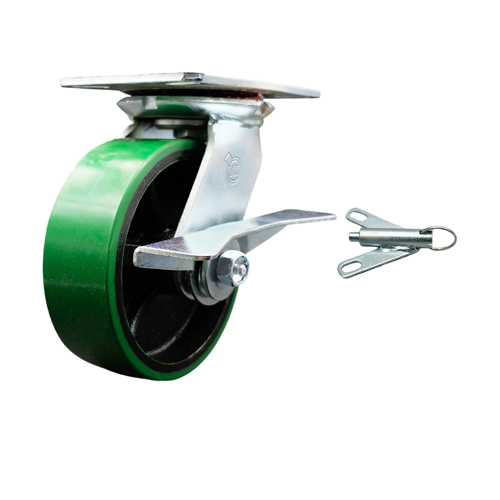 Heavy Duty Large Top Plate Polyurethane on Cast Iron Swivel Caster w/6" x 2" Green Wheel & Side Lck Brake and Bolt on Swivel Lock - 1200 lbs Capacity/Caster - Service Caster Brand — photo 1