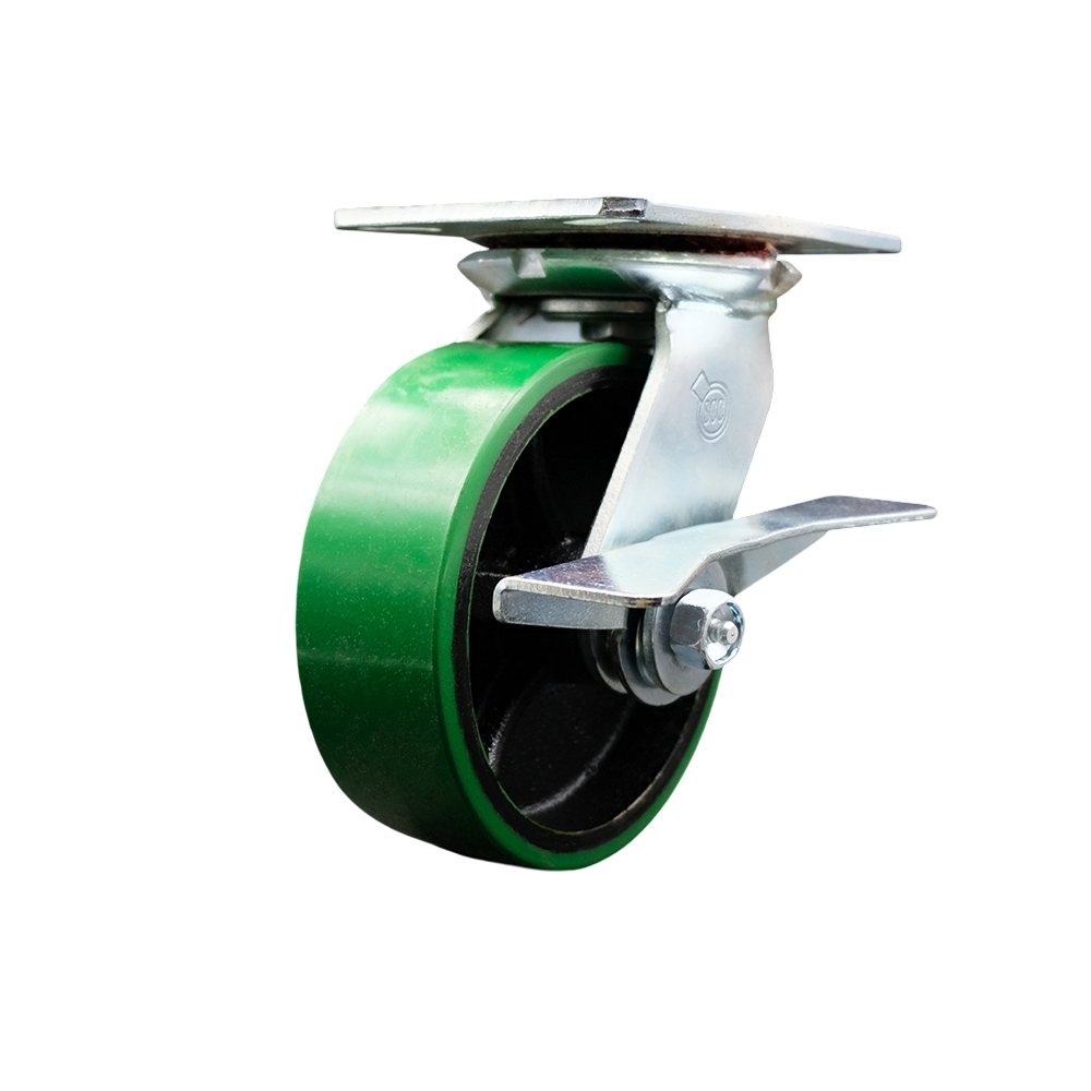 Heavy Duty Large Top Plate Polyurethane on Cast Iron Swivel Caster w/6" x 2" Green Wheel & Side Lck Brake - 1200 lbs Capacity/Caster - Service Caster Brand — photo 1