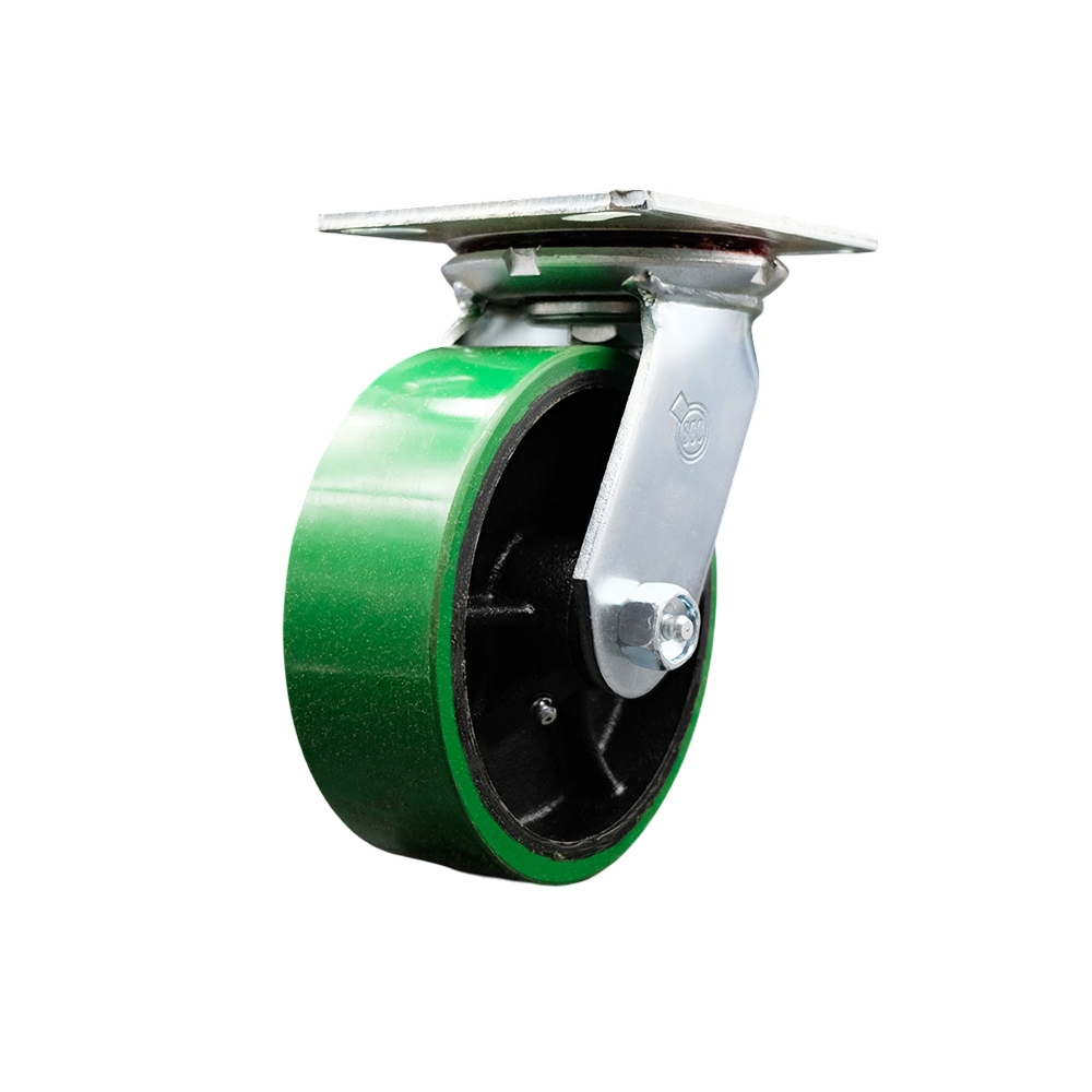 Heavy Duty Large Top Plate Polyurethane on Cast Iron Swivel Caster w/Main. Free Bearings and 6" x 2" Green Wheel - 1200 lbs Capacity/Caster - Service Caster Brand — photo 1