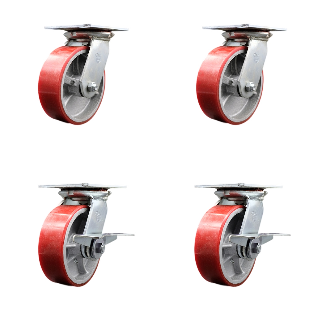 Heavy Duty Large Top Plate Polyurethane on Cast Iron Swivel Caster w/Main. Free Bearings Set of 4 w/6" x 2" Red Wheels- Includes 2 Swivel with Brakes&2 Swivel-4800lbs Total Cpty - Service Caster Brand — photo 1