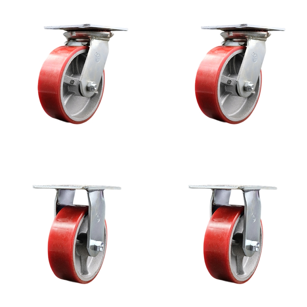 Heavy Duty Large Top Plate Polyurethane on Cast Iron Swivel Caster Set of 4 w/6" x 2" Red Wheels - Includes 2 Swivel with Bolt on Swivel Locks& 2 Rigid - 4800 lbs Total Capacity - Service Caster Brand — photo 1