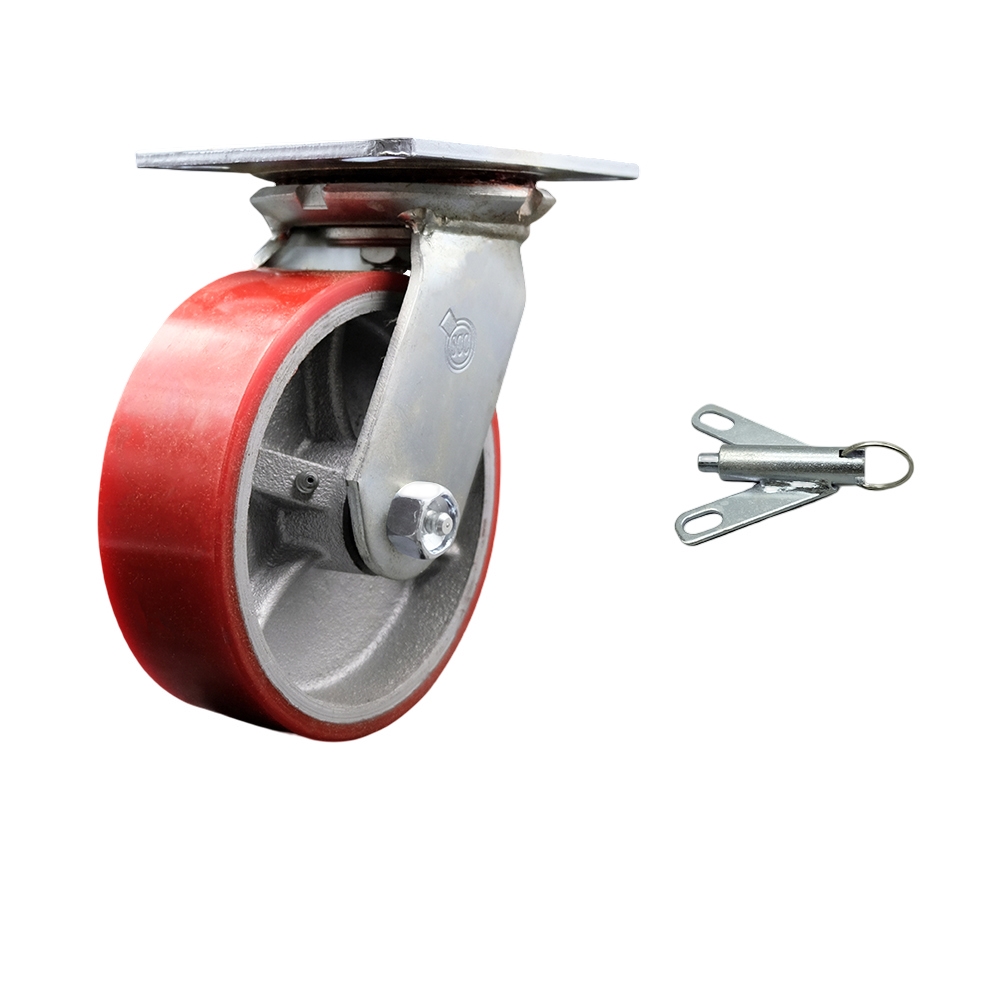 Heavy Duty Large Top Plate Polyurethane on Cast Iron Swivel Caster w/6" x 2" Red Wheel & Bolt on Swivel Lock - 1200 lbs Capacity/Caster - Service Caster Brand — photo 1