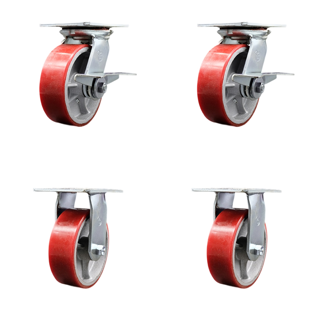 Heavy Duty Large Top Plate Polyurethane on Cast Iron Swivel Caster w/Main. Free Bearings Set of 4 w/6" x 2" Red Wheels- Includes 2 Swivel with Brakes&2 Rigid-4800 lbs Total Cpty - Service Caster Brand — photo 1
