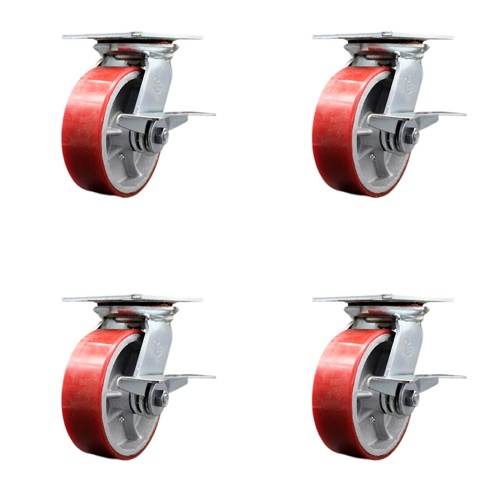 Heavy Duty Large Top Plate Polyurethane on Cast Iron Swivel Caster Set of 4 w/6" x 2" Red Wheels - Includes 4 Swivel w/Side Lck Brakes - 4800 lbs Total Capacity - Service Caster Brand — photo 1