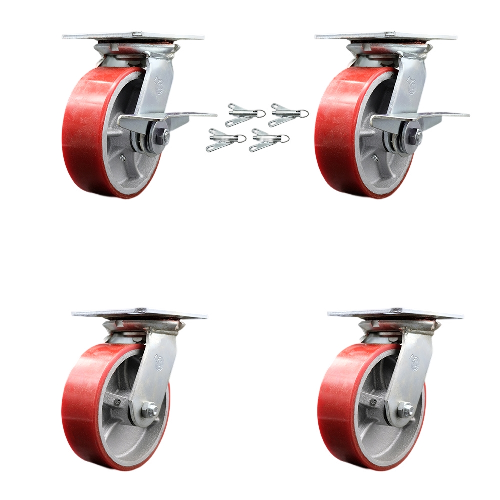 Heavy Duty Large Top Plate Poly on Cast Iron Swivel Caster w/Main. Free Bearings Set 4 w/6" x 2" Red Wheels-Includes 2 Swvl w/Brake and Bolt on Swvl Lck&2 Swvl w/Bolt on Swvl Lck- Service Caster Brand — photo 1