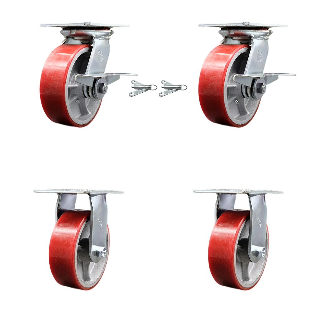 Heavy Duty Large Top Plate Polyurethane on Cast Iron Swivel Caster Set of 4 w/6" x 2" Red Wheels- Includes 2 Swvl with Brakes and Bolt on Swvl Lcks&2 Rigid-4800 lbs Total Capacity-Service Caster Brand — photo 1