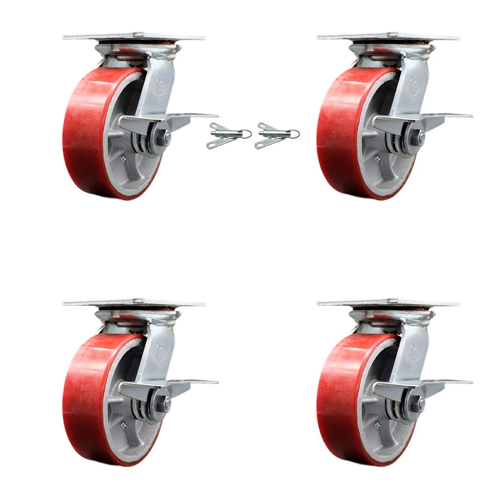 Heavy Duty Large Top Plate Poly on Cast Iron Swivel Caster Set 4 w/6" x 2" Red Wheels-Includes 2 Swivel with Brakes and Bolt on Swvl Locks&2 Swvl with Brakes-4800 lbs Total Cpty - Service Caster Brand — photo 1