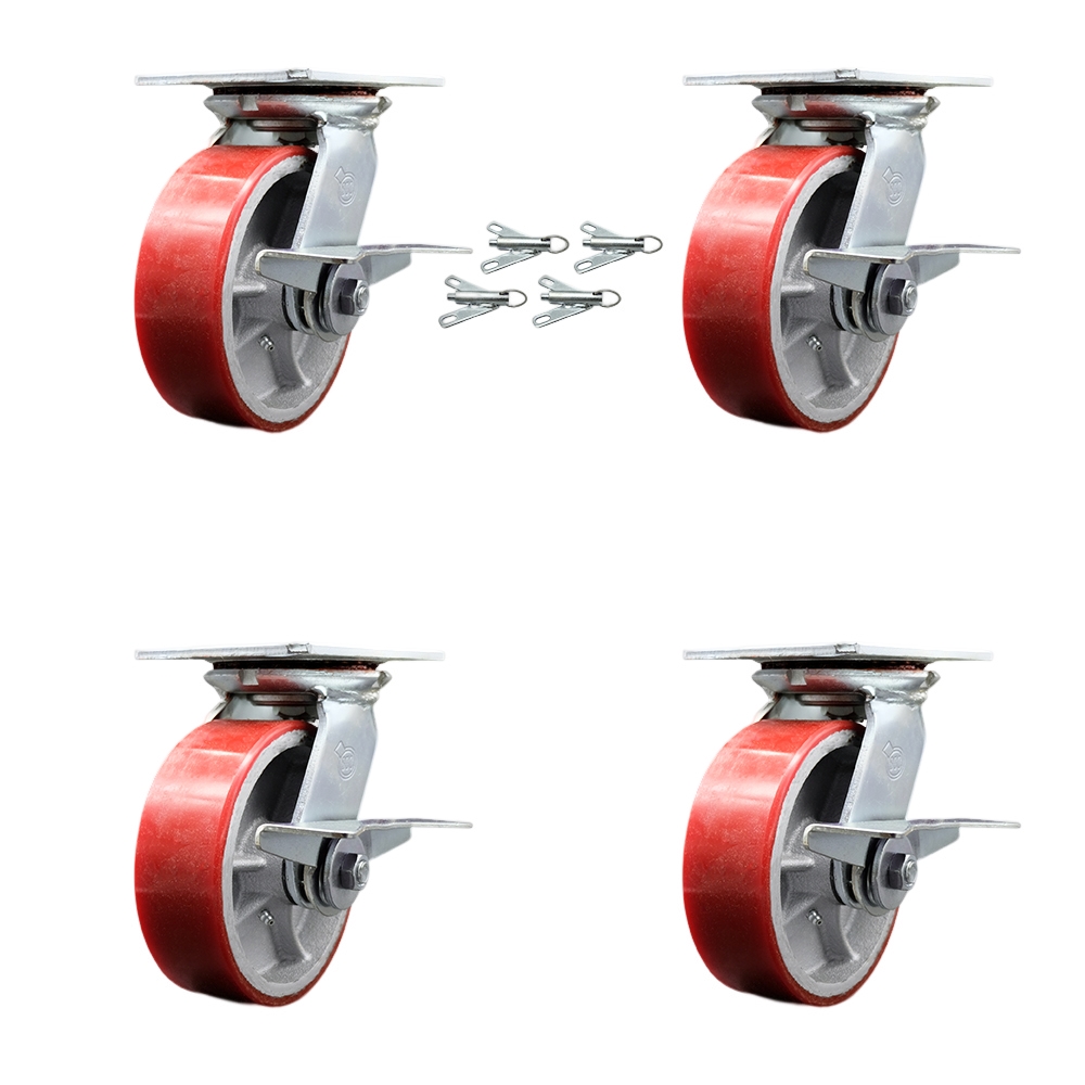 Heavy Duty Large Top Plate Polyurethane on Cast Iron Swivel Caster w/Main. Free Bearings Set of 4 w/6" x 2" Red Wheels-Includes 4 Swivel w/Side Lck Brakes & Bolt on Swivel Locks - Service Caster Brand — photo 1