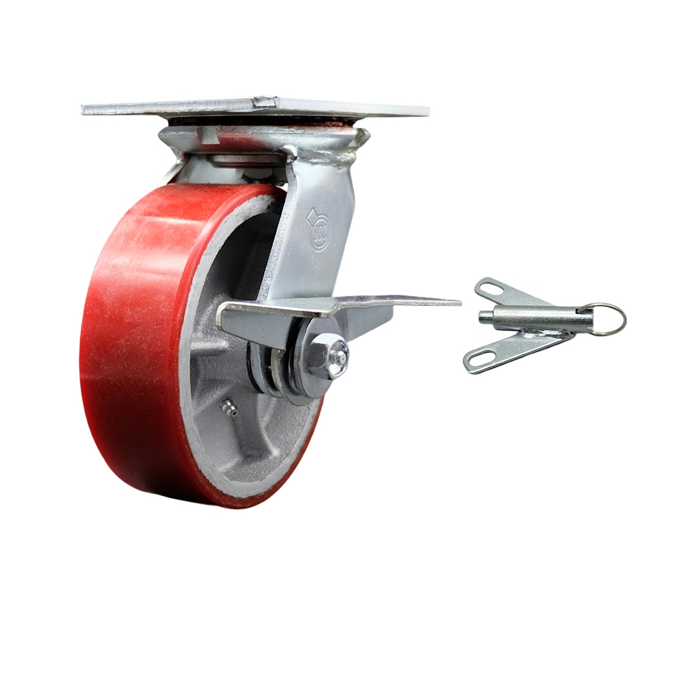 Heavy Duty Large Top Plate Polyurethane on Cast Iron Swivel Caster w/6" x 2" Red Wheel & Side Lck Brake and Bolt on Swivel Lock - 1200 lbs Capacity/Caster - Service Caster Brand — photo 1