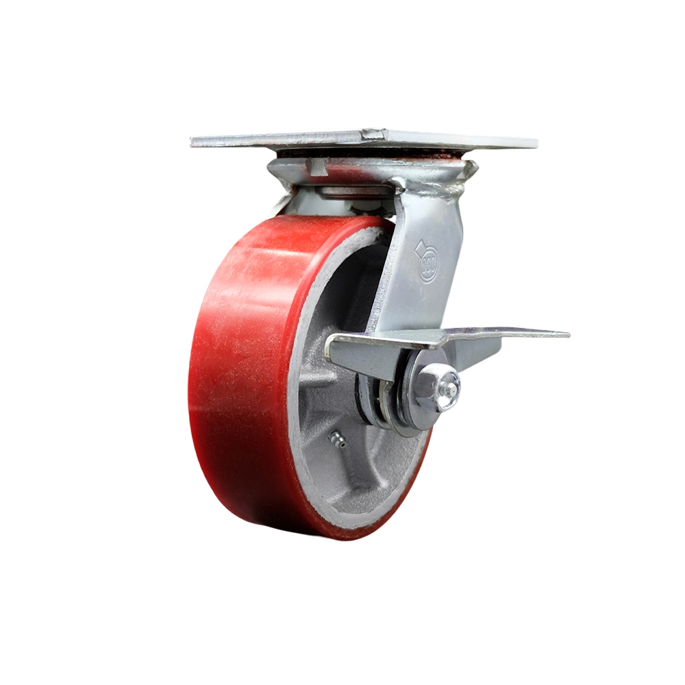 Heavy Duty Large Top Plate Polyurethane on Cast Iron Swivel Caster w/Main. Free Bearings and 6" x 2" Red Wheel & Side Lck Brake - 1200 lbs Capacity/Caster - Service Caster Brand — photo 1