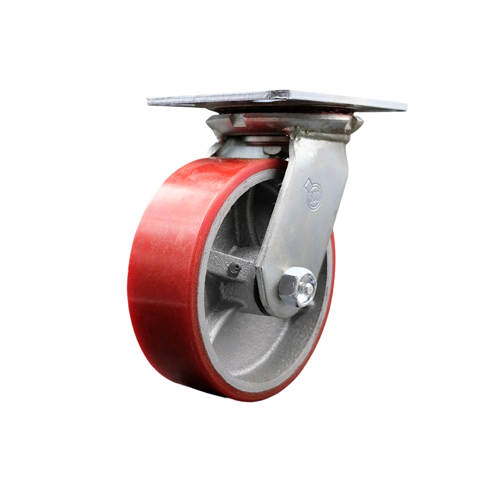 Heavy Duty Large Top Plate Polyurethane on Cast Iron Swivel Caster w/Main. Free Bearings and 6" x 2" Red Wheel - 1200 lbs Capacity/Caster - Service Caster Brand — photo 1