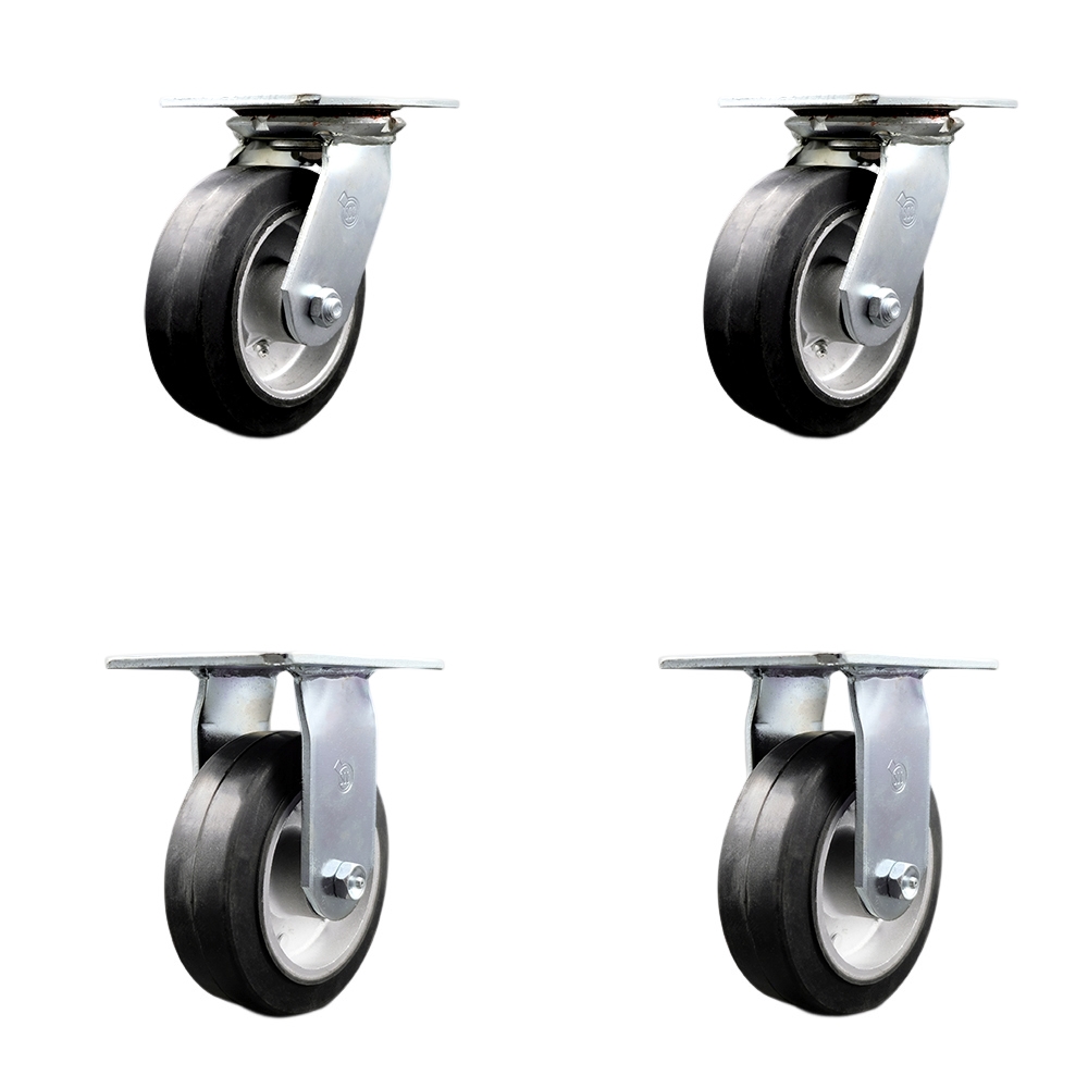 Heavy Duty Large Top Plate Rubber on Aluminum Swivel Caster Set of 4 w/6" x 2" Black Wheels - Includes 2 Swivel & 2 Rigid - 2200 lbs Total Capacity - Service Caster Brand — photo 1