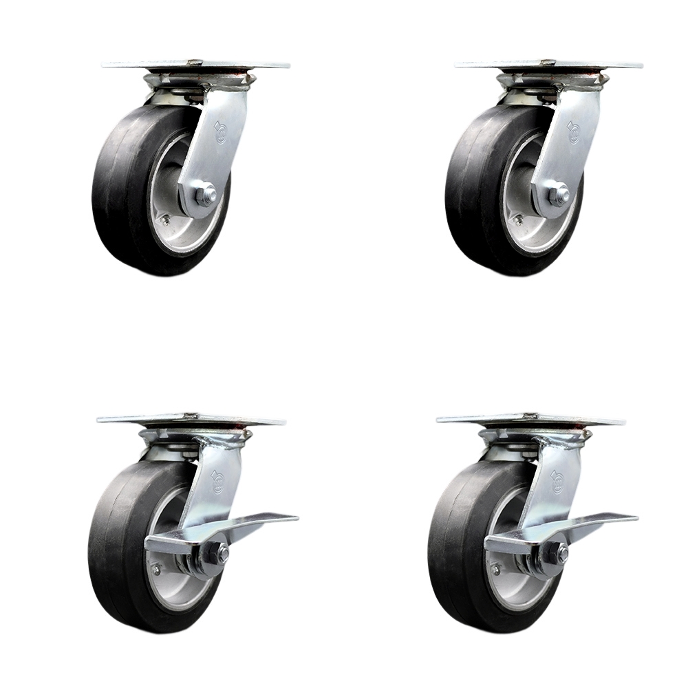 Heavy Duty Large Top Plate Rubber on Aluminum Swivel Caster Set of 4 w/6" x 2" Black Wheels - Includes 2 Swivel with Brakes & 2 Swivel - 2200 lbs Total Capacity - Service Caster Brand — photo 1
