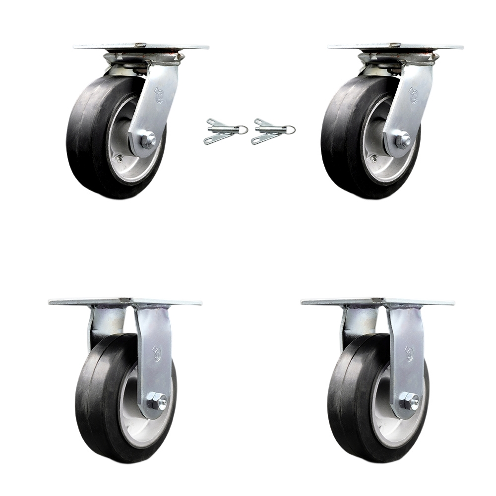 Heavy Duty Large Top Plate Rubber on Aluminum Swivel Caster w/Main. Free Bearings Set of 4 w/6" x 2" Black Wheels - Includes 2 Swivel with Bolt on Swivel Locks & 2 Rigid - Service Caster Brand — photo 1