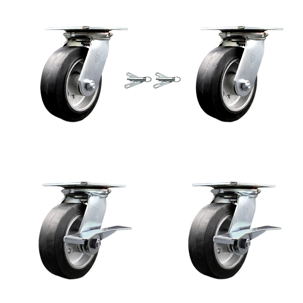 Heavy Duty Large Top Plate Rubber on Aluminum Swivel Caster w/Main. Free Bearings Set of 4 w/6" x 2" Black Wheels - Includes 2 Swivel with Bolt on Swivel Lcks&2 Swvl with Brakes - Service Caster Brand — photo 1