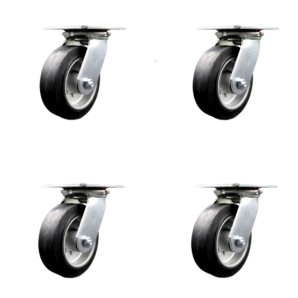 Heavy Duty Large Top Plate Rubber on Aluminum Swivel Caster w/Main. Free Bearings Set of 4 w/6" x 2" Black Wheels-Includes 4 Swivel w/Bolt on Swivel Locks-2200lbs Total Capacity - Service Caster Brand — photo 1