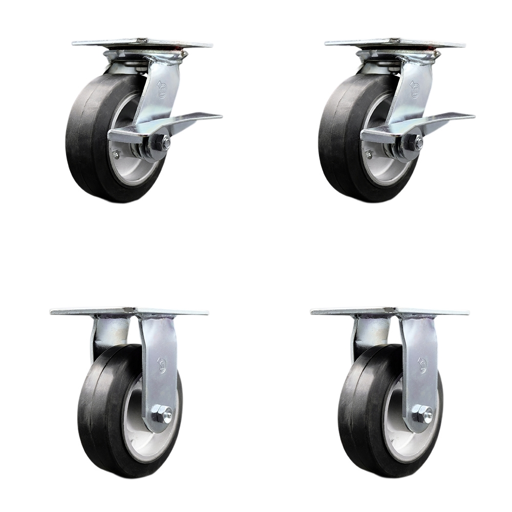 Heavy Duty Large Top Plate Rubber on Aluminum Swivel Caster w/Main. Free Bearings Set of 4 w/6" x 2" Black Wheels - Includes 2 Swivel with Brakes & 2 Rigid - 2200 lbs Total Cpty - Service Caster Brand — photo 1