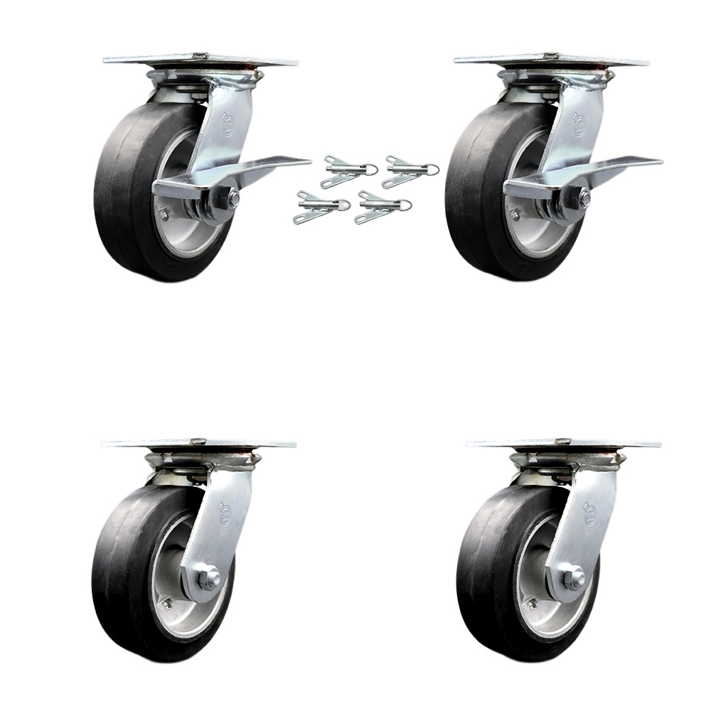 Heavy Duty Large Top Plate Rubber on Aluminum Swivel Caster Set 4 w/6" x 2" Black Wheel-Includes 2 Swvl w/BRKs and Bolt on Swvl Lck& 2 Swvl w/Bolt on Swvl Lck-2200 lbs Total Cpty- Service Caster Brand — photo 1