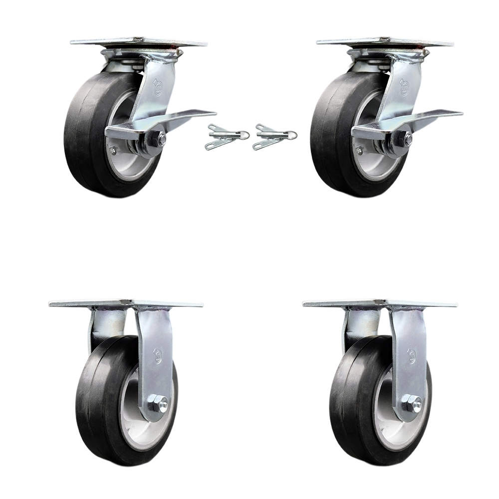 Heavy Duty Large Top Plate Rubber on Aluminum Swivel Caster w/Main. Free Bearings Set of 4 w/6" x 2" Black Wheels- Includes 2 Swivel with Brakes and Bolt on Swivel Locks&2 Rigid - Service Caster Brand — photo 1