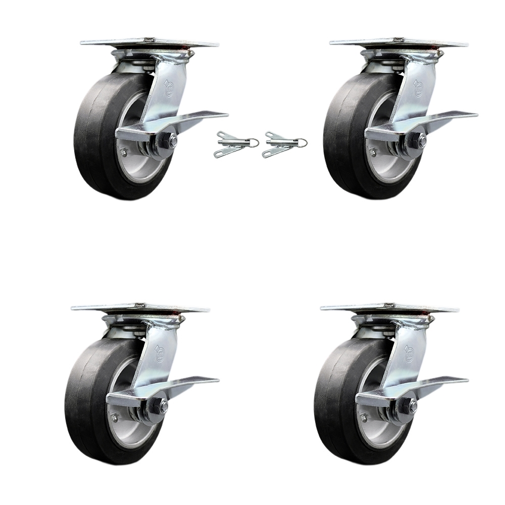 Heavy Duty Large Top Plate Rubber on Aluminum Swivel Caster w/Main. Free Bearings Set 4 w/6" x 2" Black Wheels-Includes 2 Swvl with Brakes and Bolt on Swvl Lcks&2 Swvl with Brakes-Service Caster Brand — photo 1
