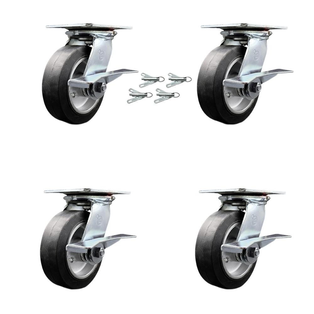 Heavy Duty Large Top Plate Rubber on Aluminum Swivel Caster Set of 4 w/6" x 2" Black Wheels - Includes 4 Swivel w/Side Lck Brakes& Bolt on Swivel Locks - 2200 lbs Total Capacity - Service Caster Brand — photo 1
