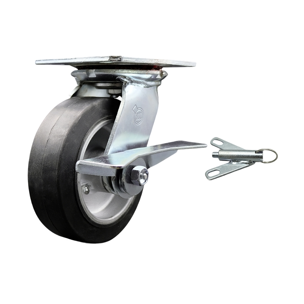Heavy Duty Large Top Plate Rubber on Aluminum Swivel Caster w/Main. Free Bearings and 6" x 2" Black Wheel & Side Lck Brake and Bolt on Swivel Lock - 550 lbs Capacity/Caster - Service Caster Brand — photo 1