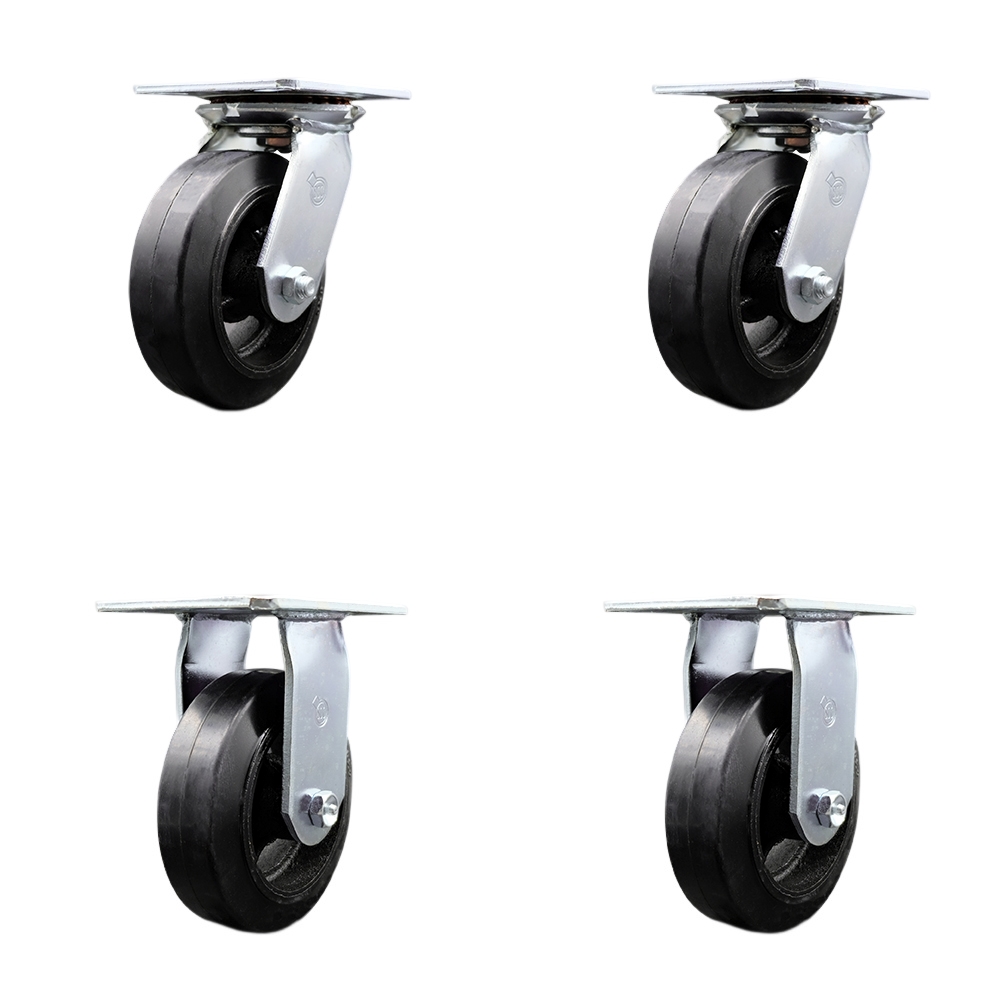 Heavy Duty Large Top Plate Rubber on Cast Iron Swivel Caster w/Main. Free Bearings Set of 4 w/6" x 2" Black Wheels - Includes 2 Swivel & 2 Rigid - 1800 lbs Total Capacity - Service Caster Brand — photo 1