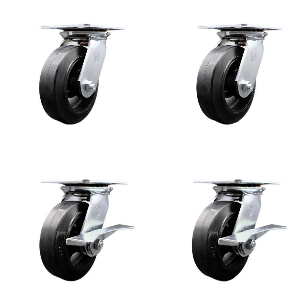 Heavy Duty Large Top Plate Rubber on Cast Iron Swivel Caster w/Main. Free Bearings Set of 4 w/6" x 2" Black Wheels - Includes 2 Swivel with Brakes& 2 Swivel - 1800lbs Total Cpty - Service Caster Brand — photo 1