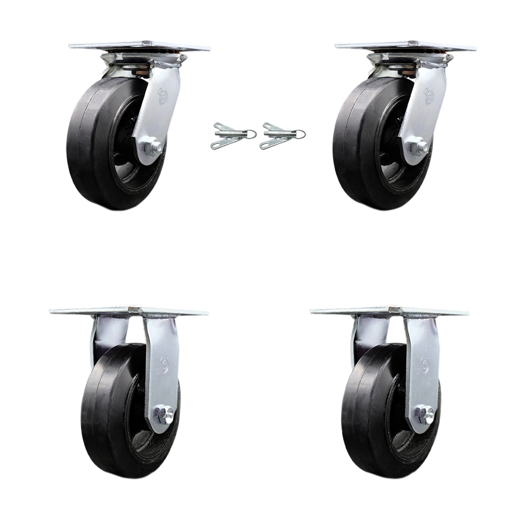 Heavy Duty Large Top Plate Rubber on Cast Iron Swivel Caster w/Main. Free Bearings Set of 4 w/6" x 2" Black Wheels - Includes 2 Swivel with Bolt on Swivel Locks & 2 Rigid - Service Caster Brand — photo 1