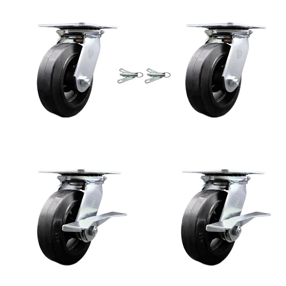Heavy Duty Large Top Plate Rubber on Cast Iron Swivel Caster w/Main. Free Bearings Set of 4 w/6" x 2" Black Wheels - Includes 2 Swivel with Bolt on Swivel Lcks&2 Swvl with Brakes- Service Caster Brand — photo 1