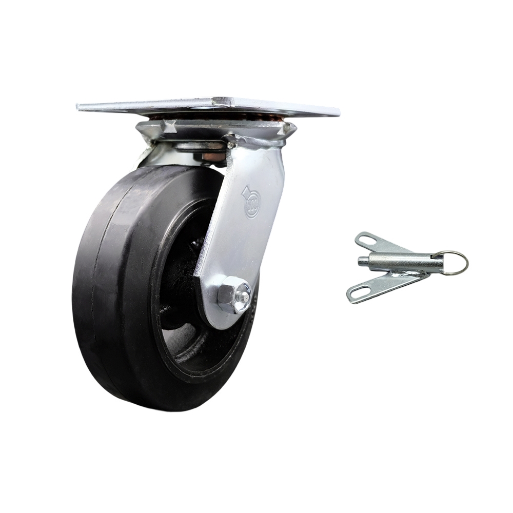 Heavy Duty Large Top Plate Rubber on Cast Iron Swivel Caster w/Main. Free Bearings and 6" x 2" Black Wheel & Bolt on Swivel Lock - 450 lbs Capacity/Caster - Service Caster Brand — photo 1