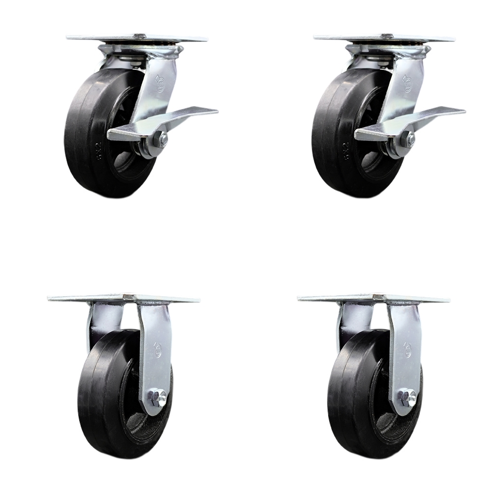 Heavy Duty Large Top Plate Rubber on Cast Iron Swivel Caster w/Main. Free Bearings Set of 4 w/6" x 2" Black Wheels - Includes 2 Swivel with Brakes & 2 Rigid - 1800lbs Total Cpty - Service Caster Brand — photo 1