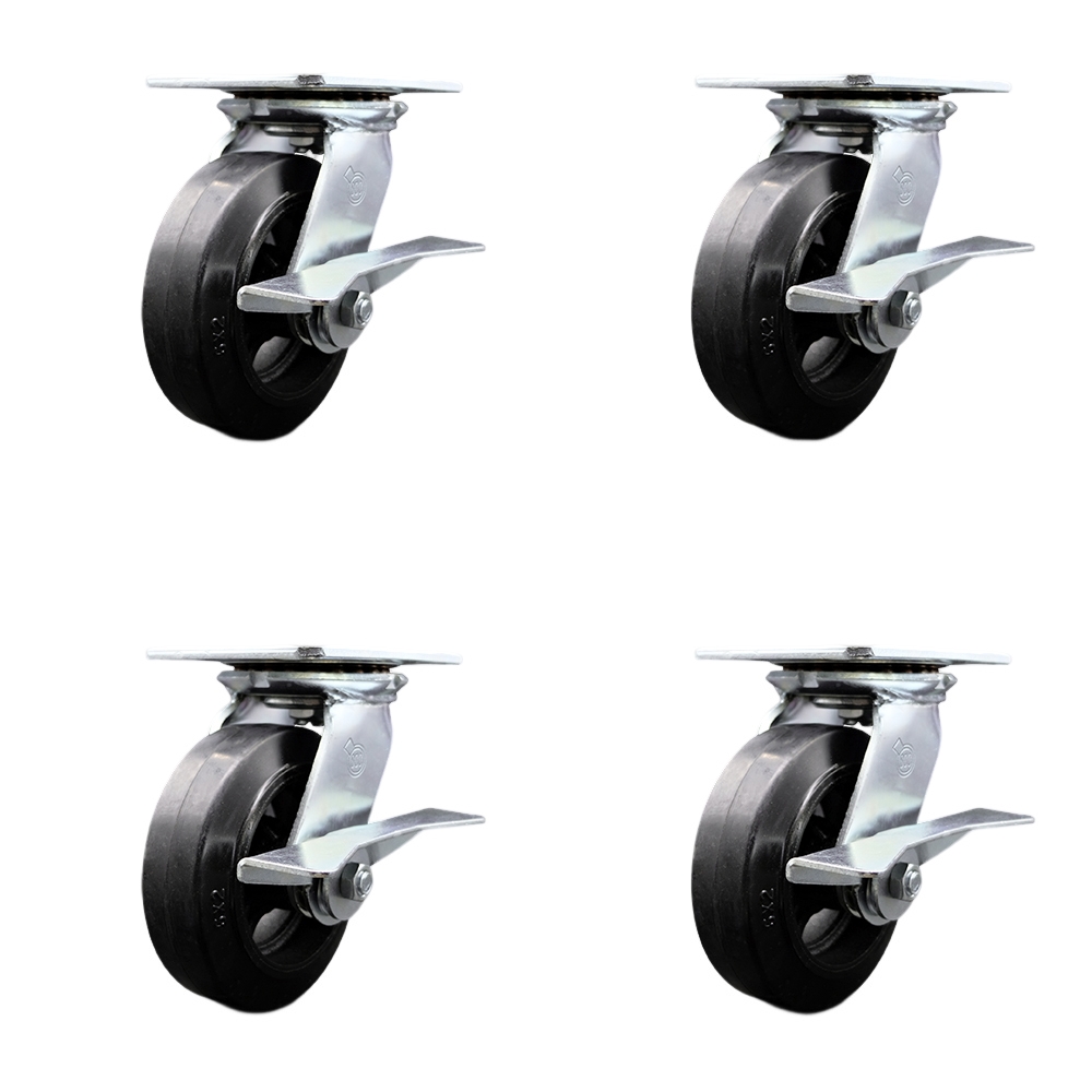 Heavy Duty Large Top Plate Rubber on Cast Iron Swivel Caster w/Main. Free Bearings Set of 4 w/6" x 2" Black Wheels - Includes 4 Swivel w/Side Lck Brakes - 1800lbs Total Capacity - Service Caster Brand — photo 1