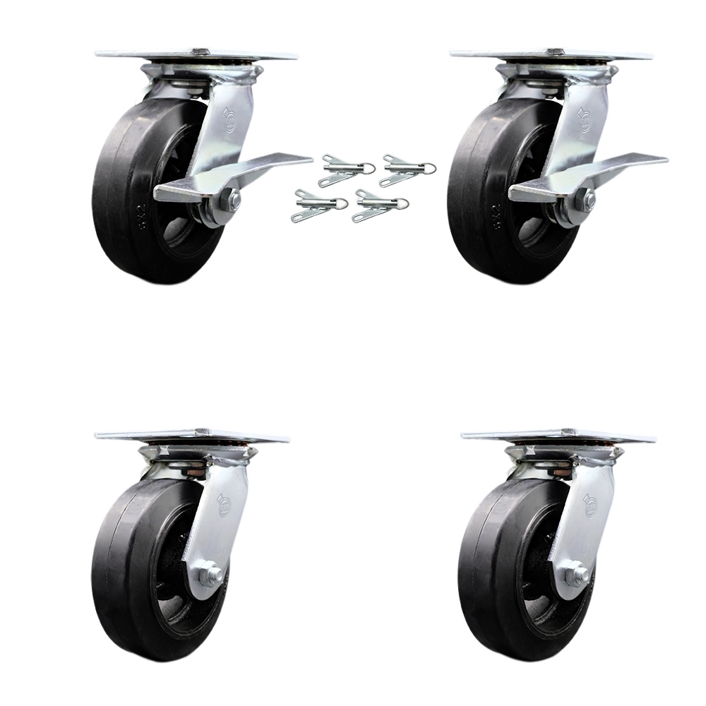 Heavy Duty Large Top Plate Rubber on Cast Iron Swivel Caster w/Main. Free Bearings Set 4 w/6" x 2" Black Wheel-Includes 2 Swvl w/BRK and Bolt on Swvl Lck&2 Swvl w/Bolt on Swvl Lck-Service Caster Brand — photo 1