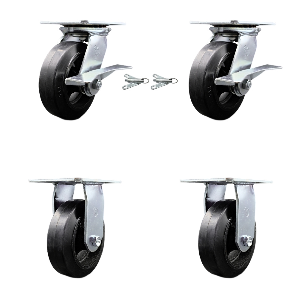 Heavy Duty Large Top Plate Rubber on Cast Iron Swivel Caster w/Main. Free Bearings Set of 4 w/6" x 2" Black Wheels - Includes 2 Swivel with Brakes and Bolt on Swivel Lcks&2 Rigid- Service Caster Brand — photo 1