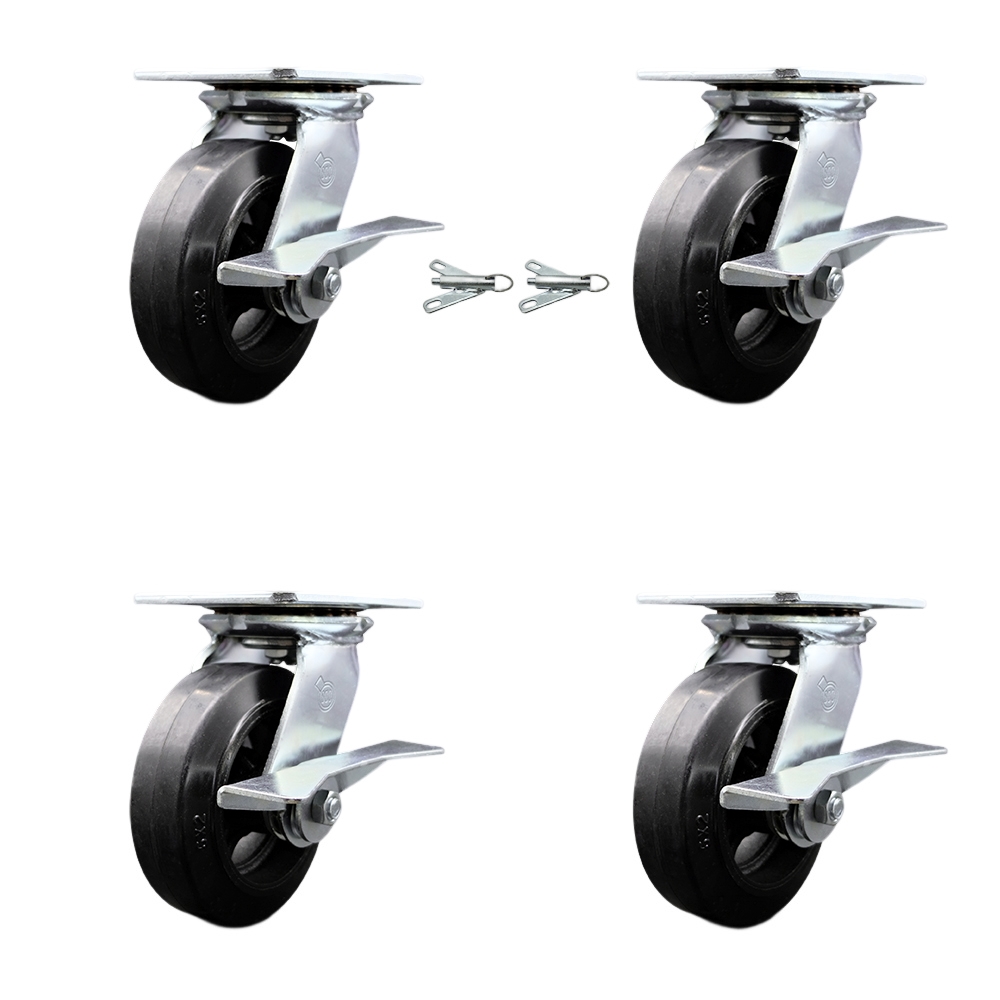 Heavy Duty Large Top Plate Rubber on Cast Iron Swivel Caster Set 4 w/6" x 2" Black Wheels-Includes 2 Swivel with Brakes and Bolt on Swvl Lcks&2 Swvl with Brakes-1800lbs Total Cpty-Service Caster Brand — photo 1