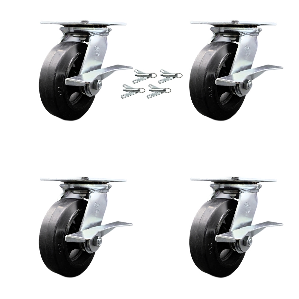 Heavy Duty Large Top Plate Rubber on Cast Iron Swivel Caster w/Main. Free Bearings Set of 4 w/6" x 2" Black Wheels - Includes 4 Swivel w/Side Lck Brakes & Bolt on Swivel Locks - Service Caster Brand — photo 1