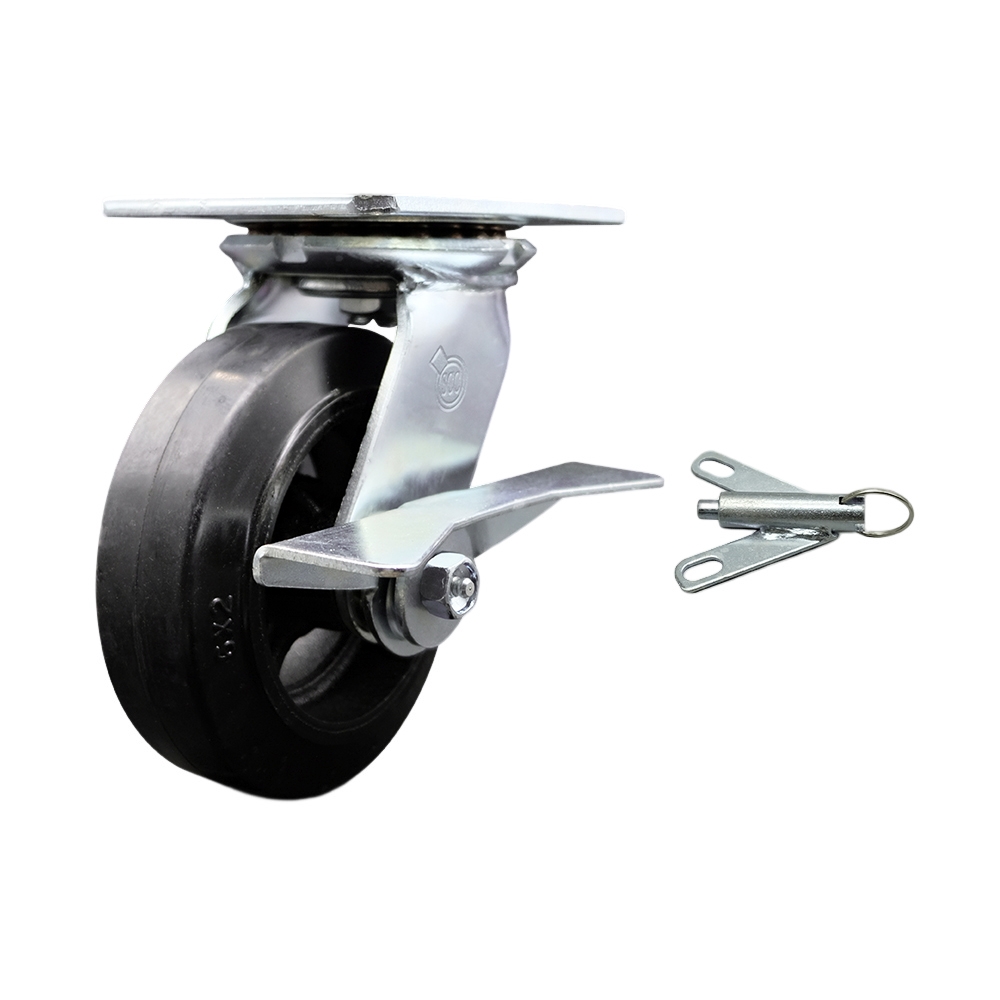 Heavy Duty Large Top Plate Rubber on Cast Iron Swivel Caster w/Main. Free Bearings and 6" x 2" Black Wheel & Side Lck Brake and Bolt on Swivel Lock - 450 lbs Capacity/Caster - Service Caster Brand — photo 1