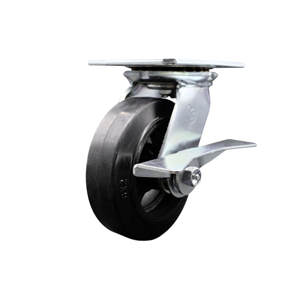 Heavy Duty Large Top Plate Rubber on Cast Iron Swivel Caster w/Main. Free Bearings and 6" x 2" Black Wheel & Side Lck Brake - 450 lbs Capacity/Caster - Service Caster Brand — photo 1