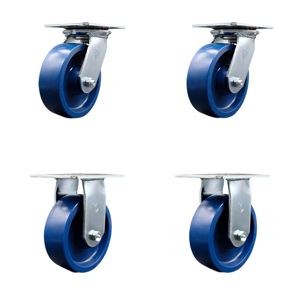 Heavy Duty Large Top Plate Solid Polyurethane Swivel Caster Set of 4 w/6" x 2" Blue Wheels - Includes 2 Swivel & 2 Rigid - 4800 lbs Total Capacity - Service Caster Brand — photo 1