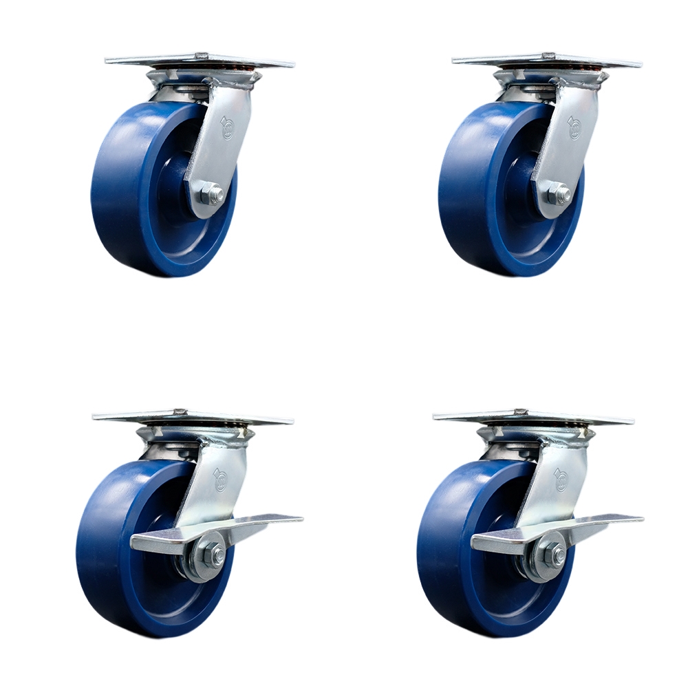 Heavy Duty Large Top Plate Solid Polyurethane Swivel Caster w/Main. Free Bearings Set of 4 w/6" x 2" Blue Wheels - Includes 2 Swivel with Brakes & 2 Swivel - 4800 lbs Total Cpty - Service Caster Brand — photo 1
