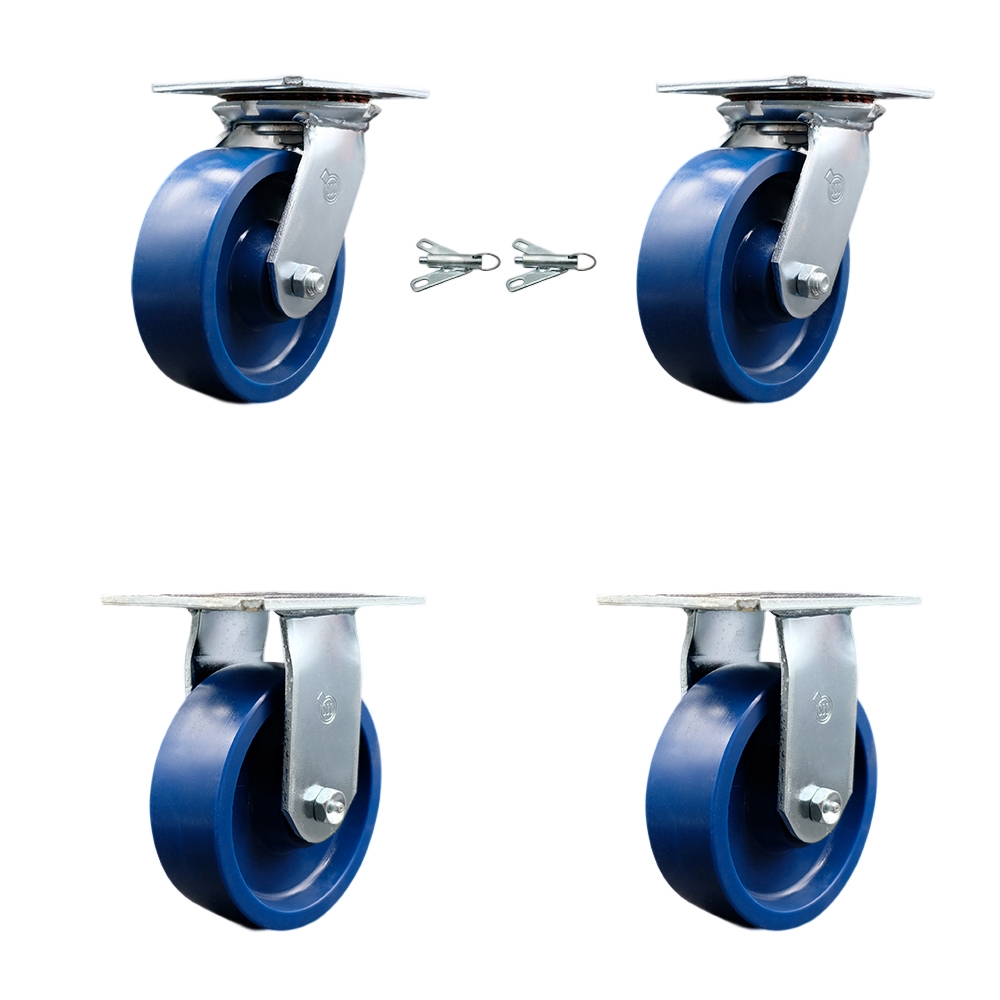 Heavy Duty Large Top Plate Solid Polyurethane Swivel Caster w/Main. Free Bearings Set of 4 w/6" x 2" Blue Wheels - Includes 2 Swivel with Bolt on Swivel Locks & 2 Rigid - Service Caster Brand — photo 1