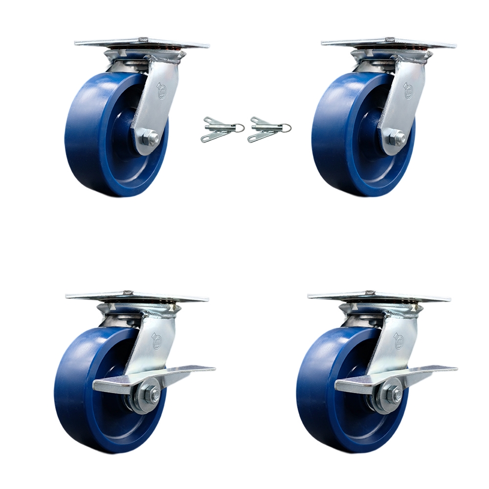 Heavy Duty Large Top Plate Solid Polyurethane Swivel Caster Set of 4 w/6" x 2" Blue Wheels - Includes 2 Swivel with Bolt on Swivel Locks&2 Swivel with Brakes-4800 lbs Total Cpty - Service Caster Brand — photo 1