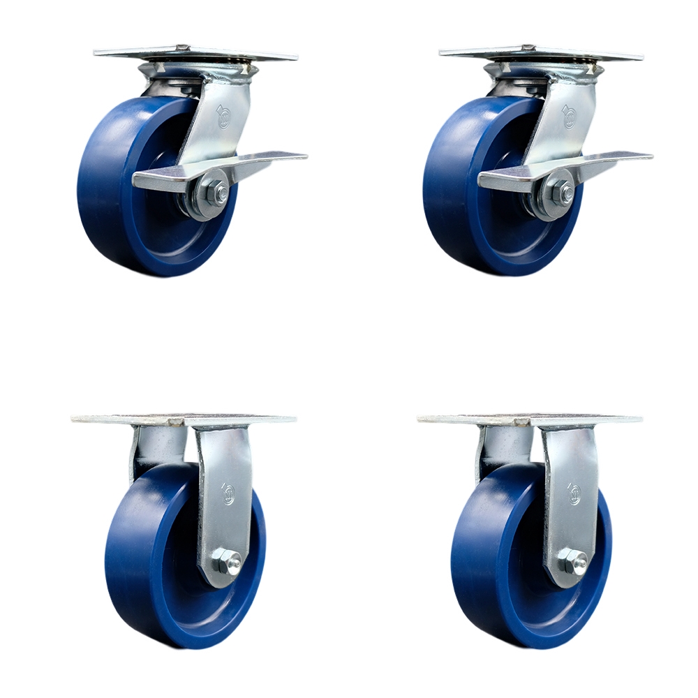 Heavy Duty Large Top Plate Solid Polyurethane Swivel Caster Set of 4 w/6" x 2" Blue Wheels - Includes 2 Swivel with Brakes & 2 Rigid - 4800 lbs Total Capacity - Service Caster Brand — photo 1