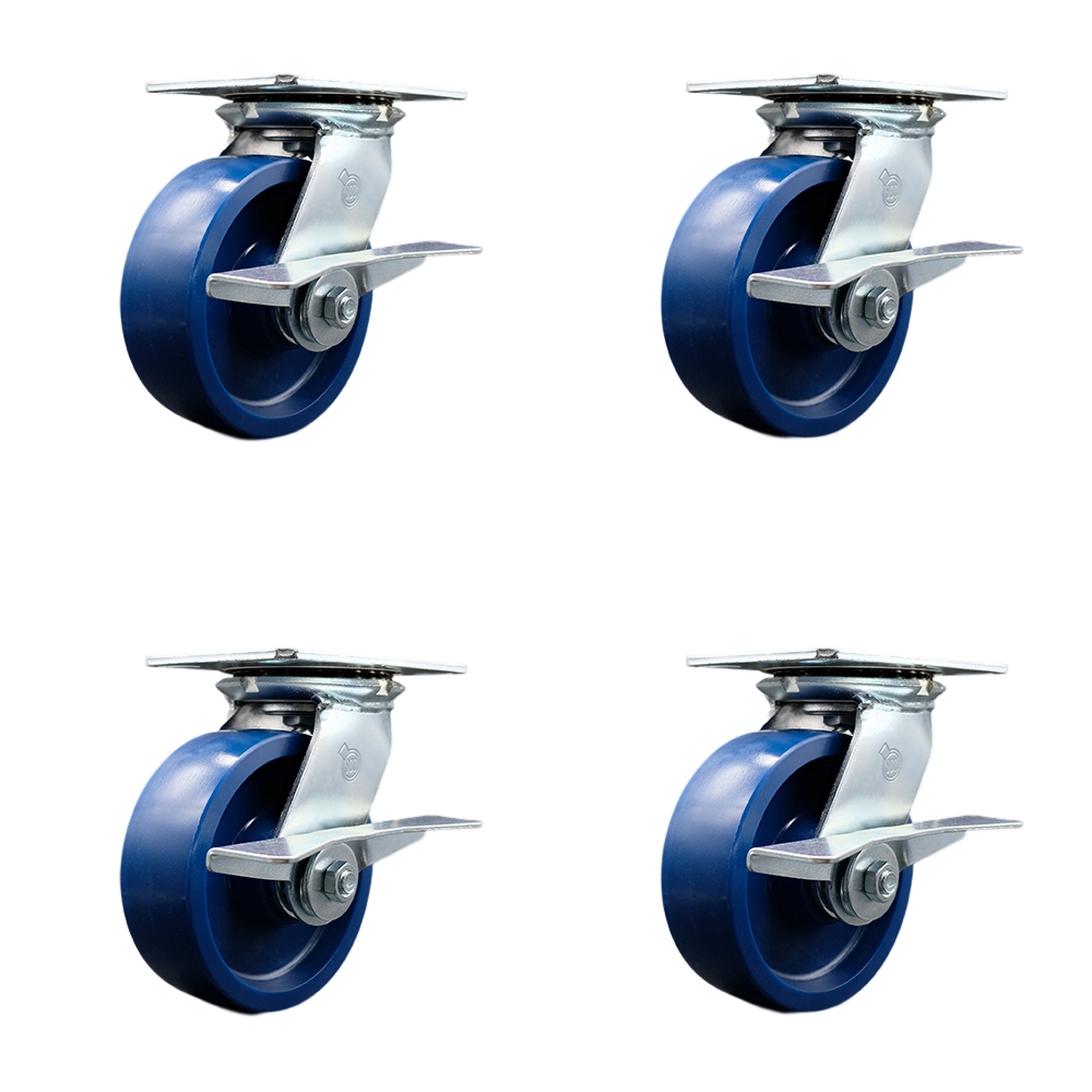 Heavy Duty Large Top Plate Solid Polyurethane Swivel Caster w/Main. Free Bearings Set of 4 w/6" x 2" Blue Wheels - Includes 4 Swivel w/Side Lck Brakes - 4800 lbs Total Capacity - Service Caster Brand — photo 1