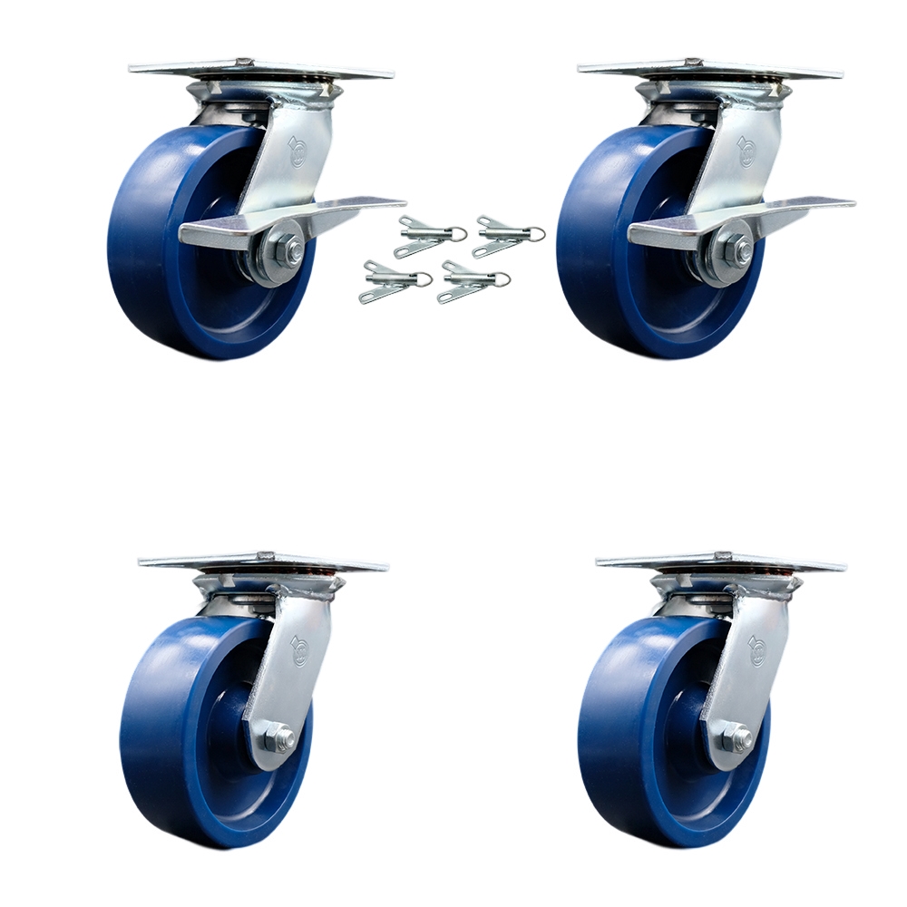 Heavy Duty Large Top Plate Solid Polyurethane Swivel Caster Set 4 w/6" x 2" Blue Wheels-Includes 2 Swvl w/BRKs and Bolt on Swvl Lck& 2 Swvl w/Bolt on Swvl Lck-4800 lbs Total Cpty- Service Caster Brand — photo 1