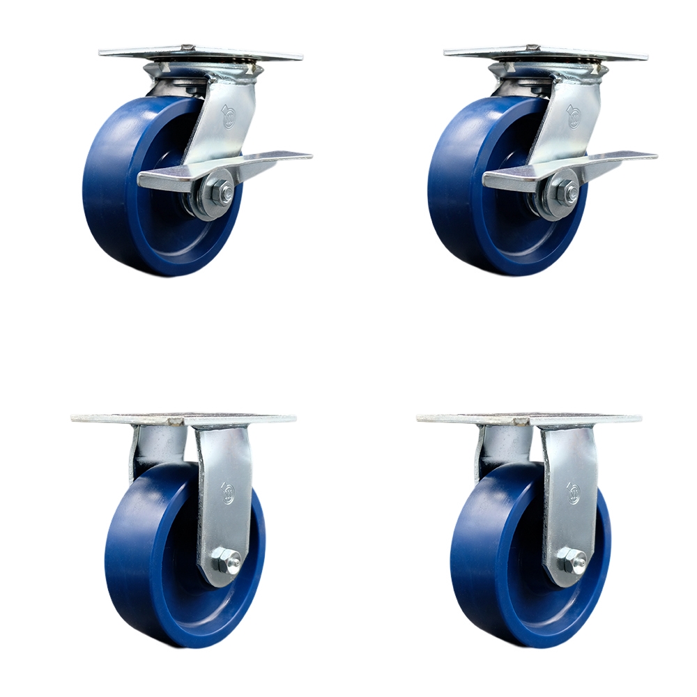 Heavy Duty Large Top Plate Solid Polyurethane Swivel Caster Set of 4 w/6" x 2" Blue Wheels - Includes 2 Swivel with Brakes and Bolt on Swivel Locks & 2 Rigid-4800 lbs Total Cpty - Service Caster Brand — photo 1