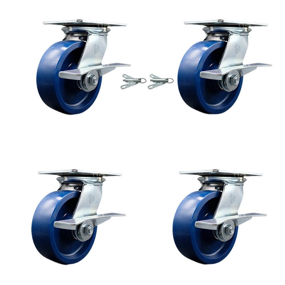 Heavy Duty Large Top Plate Solid Polyurethane Swivel Caster Set 4 w/6" x 2" Blue Wheels-Includes 2 Swivel with Brakes and Bolt on Swvl Locks&2 Swvl with Brakes-4800 lbs Total Cpty-Service Caster Brand — photo 1